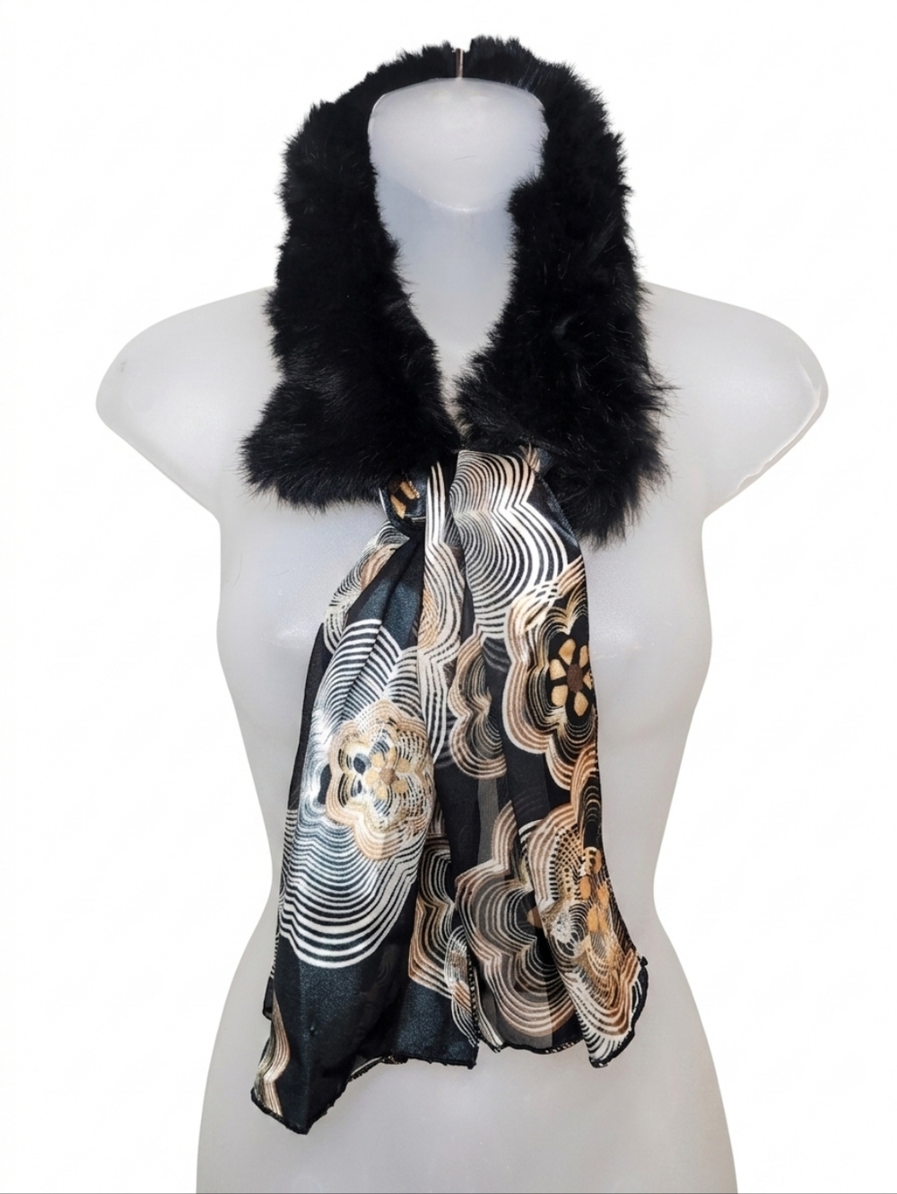 Vintage Black Faux Fur Collar Womens Scarf Silk Feel Geometric Floral Print